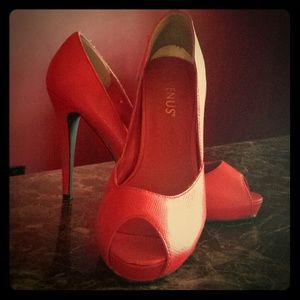 Red peep toe heels