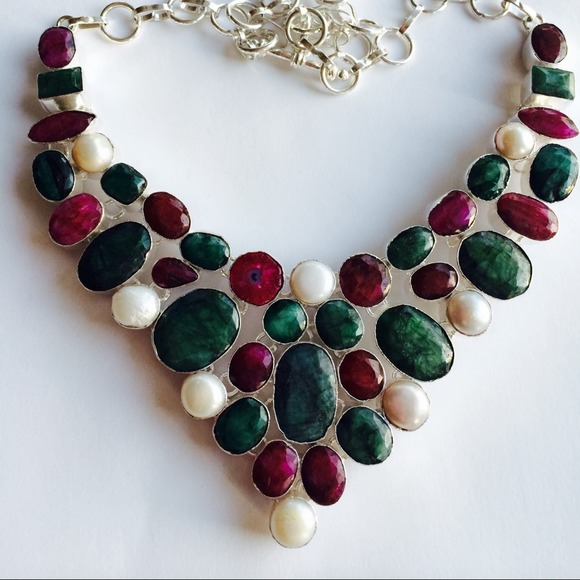 Ruby, Emerald, & Pearl Sterling Silver Necklace
