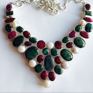 Ruby, Emerald, & Pearl Sterling Silver Necklace