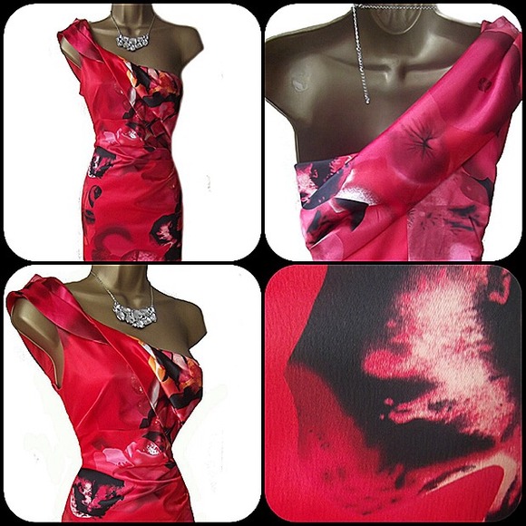 Karen Millen Red Pink Floral Satin Wiggle Dress - Picture 2 of 3