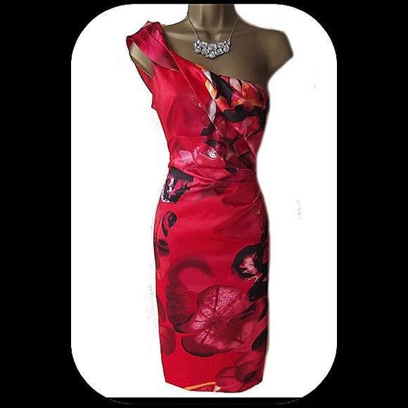 Karen Millen Red Pink Floral Satin Wiggle Dress - Picture 3 of 3