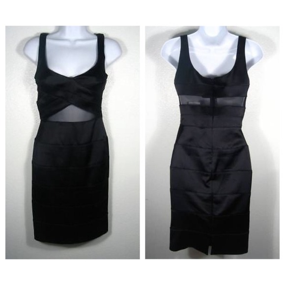 BEBE Aileen Mesh Panel Dress in Black Satin
