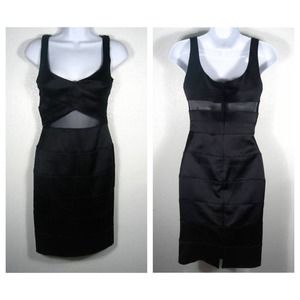 BEBE Aileen Mesh Panel Dress in Black Satin