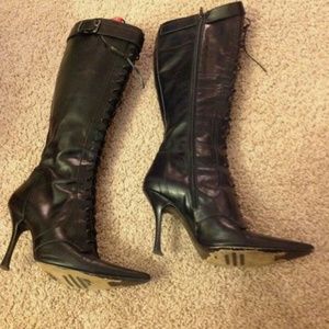 Charles David Black Leather Pointy laceup boots 8M