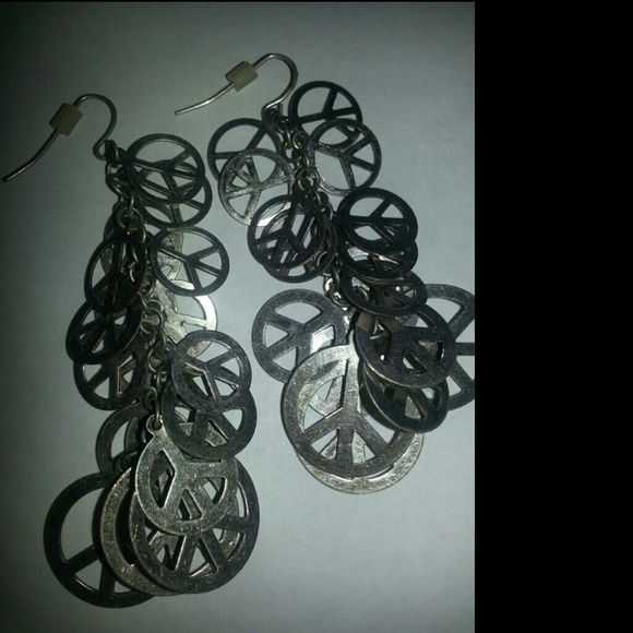 Long Distressed Silver Peace Signed Dangles