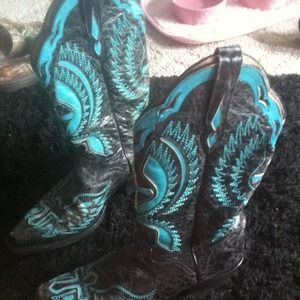 J.B. Dillon black and turquoise boots.