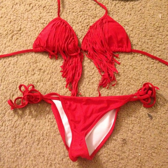 Red Fringe Scrunch Butt Bikini