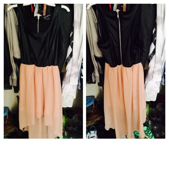 Black leather pink silk dress