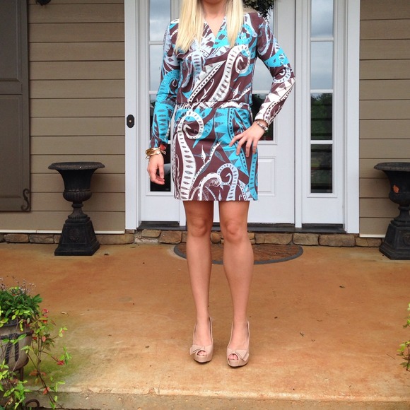 Brown, blue and beige dress