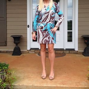 Brown, blue and beige dress