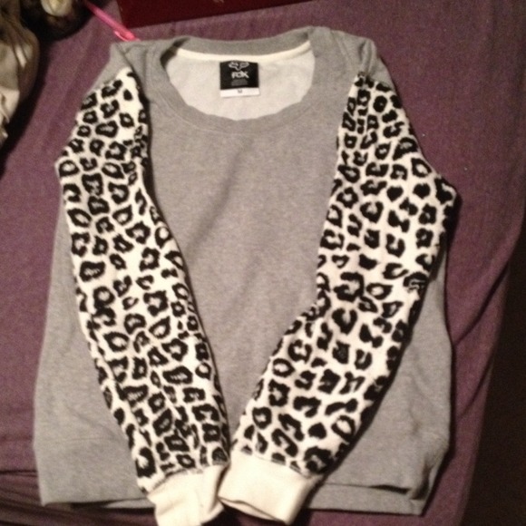 Fox brand sweater- gray w/ white leopard sleeves