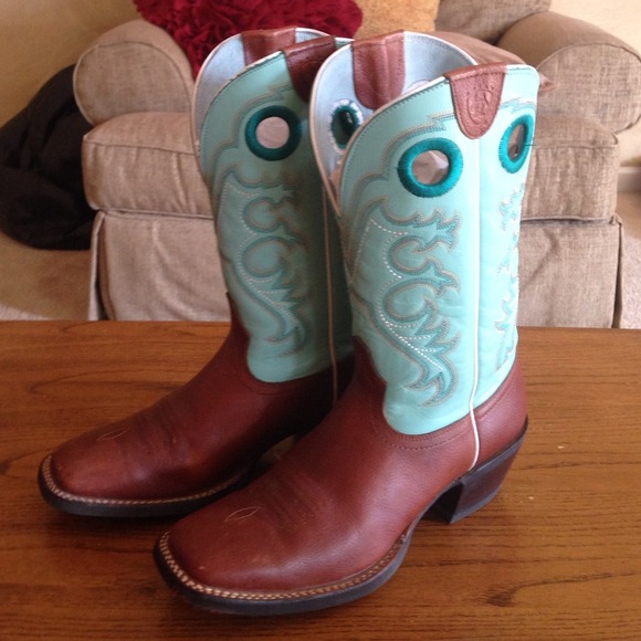 Turquoise and brown Ariat cowboy boots