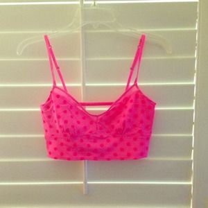 Pink polka dot lace mesh crop top. Size M