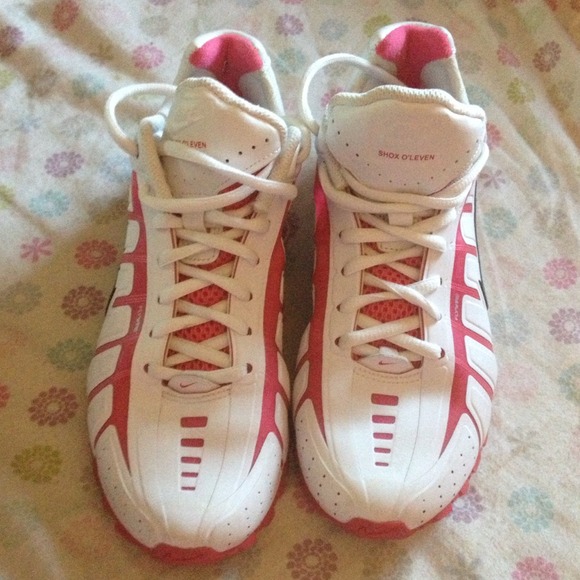 Pink and white nike shox