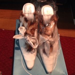 White satin Nine West furry heels