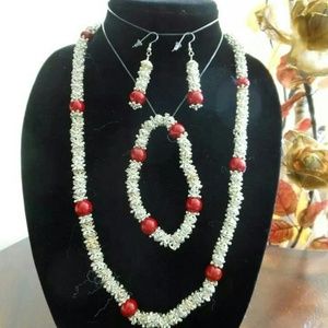 Silver and red bead necklace set