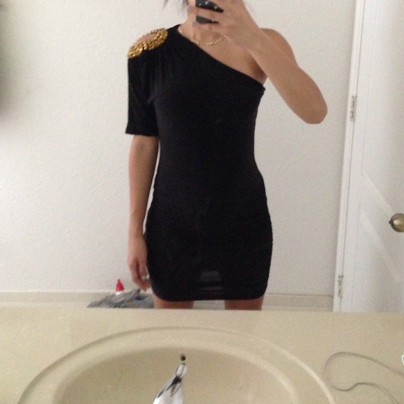 All black one shoulder dress. Stretchy