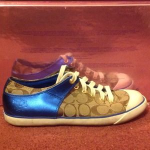 Tan and blue coach shoe