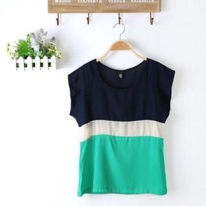 Tops - Color Block Top Green Blue beige Tops - Color Block Top Green Blue beige