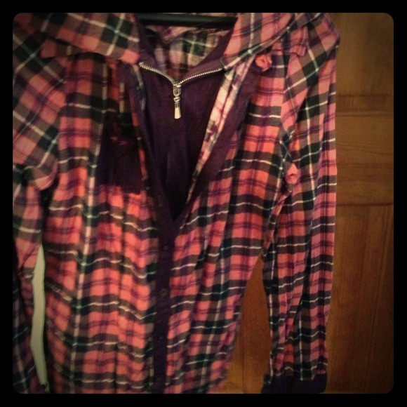 Pink and purple plaid button down w zipper top