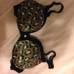 Scarlet cheetah and black lace bra