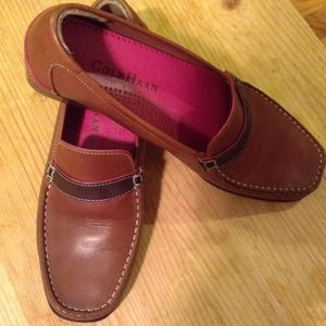 Cole Haan tan leather loafers with pink trim