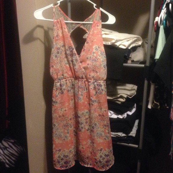 Soft pinkish coral colored floral and lace dress