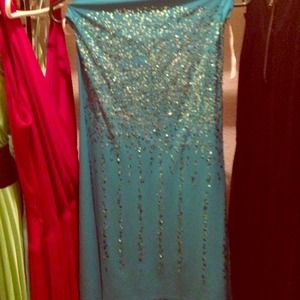 Blue strapless sequin dress