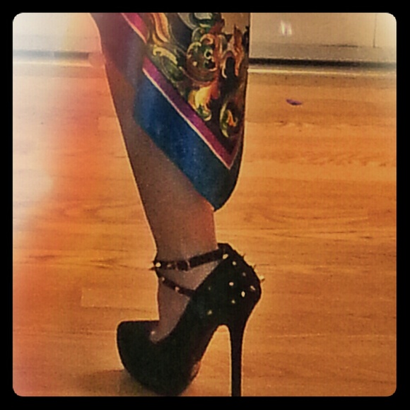 NIB Dark Black Suede Stiletto Heels -Gold Spikes