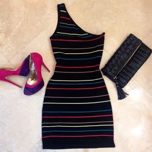 Black Striped 1-shoulder Dress, bright stripes.