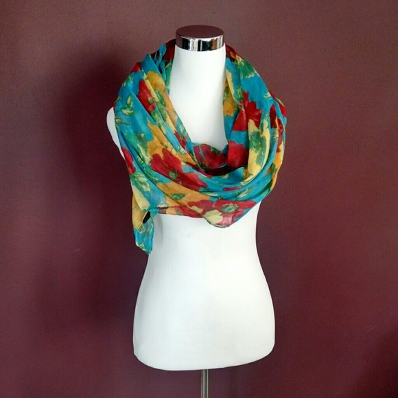 Large sheer bright floral scarf