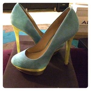 Brian Atwood Fontanne Pump. Turquoise w/ Lime Heel