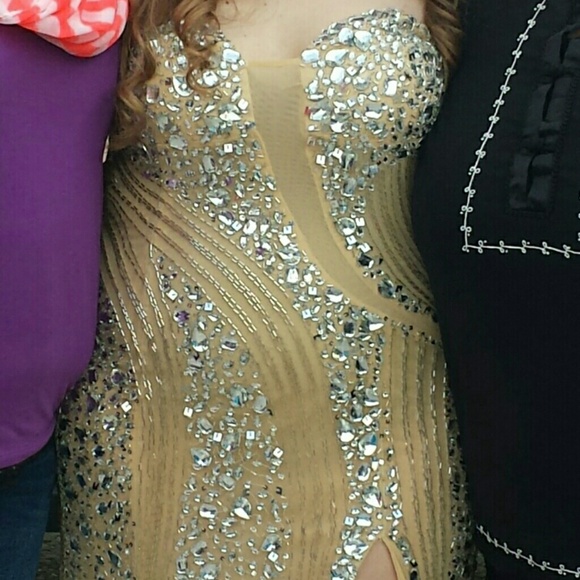Champagne and silver beaded prom dress