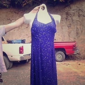 Blue sequence dress with green beads.