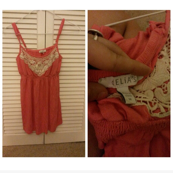coral baby doll tank top with white crochet - Picture 1 of 1
