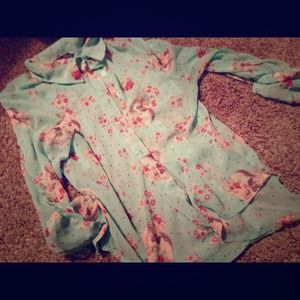 Mint green skull and floral print top