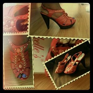 Embellished coral platform heels