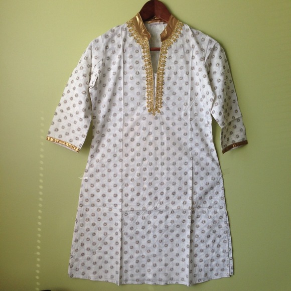 White & gold embroidered long cotton shirt
