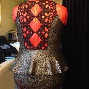 Silver / Black Lace Back Peplum Dress