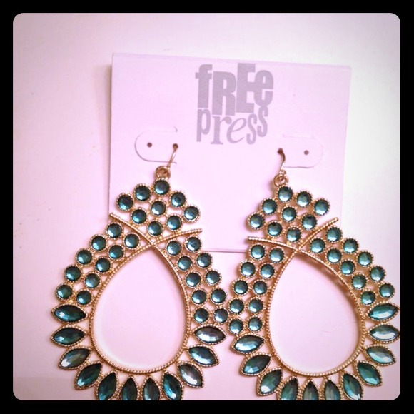 Free Press Teal/Gold Rhinestone Earrings