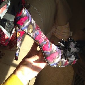 Peacock print with black flower peep toe heels