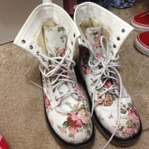 White Floral Combat Boots