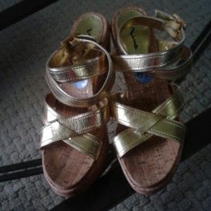 Nina Gold and Cork Wedge Strap Sandals