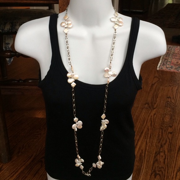 long coin pearl and silver chain necklace
