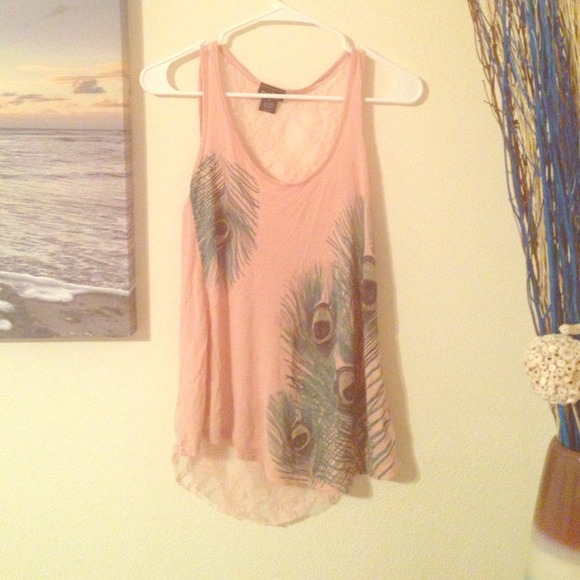 Pink peacock feather shirt w/ lace back