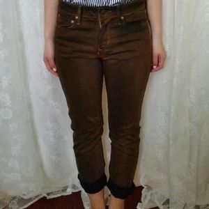 Copper brown jeans, black on the inside.
