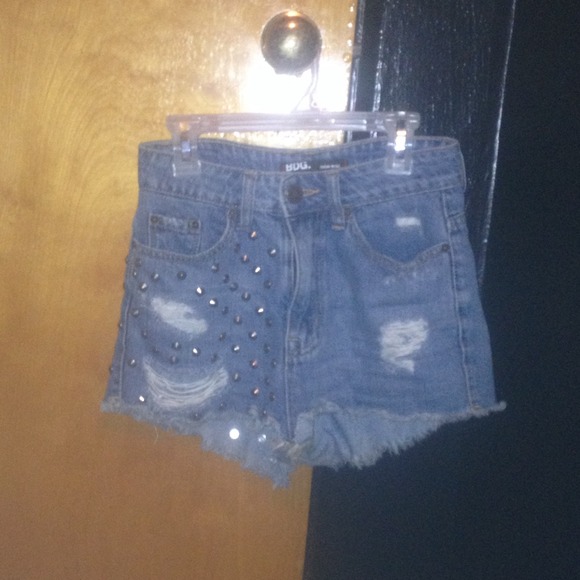 studded distressed high rise cheeky shorts