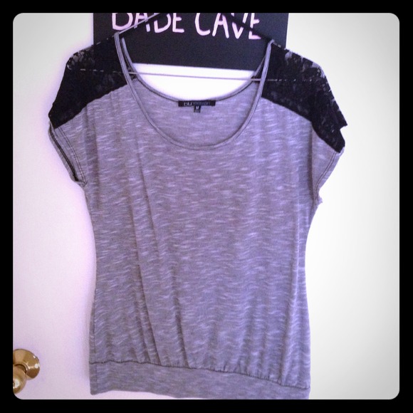 Grey Top with Black Lace shoulders