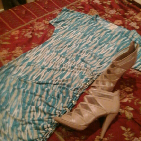 Michael Kors, blue dress, asymmetrical hemline