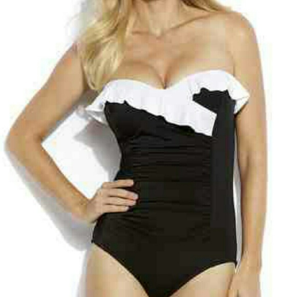 Black and white ruffle strapless onepiece swimsuit